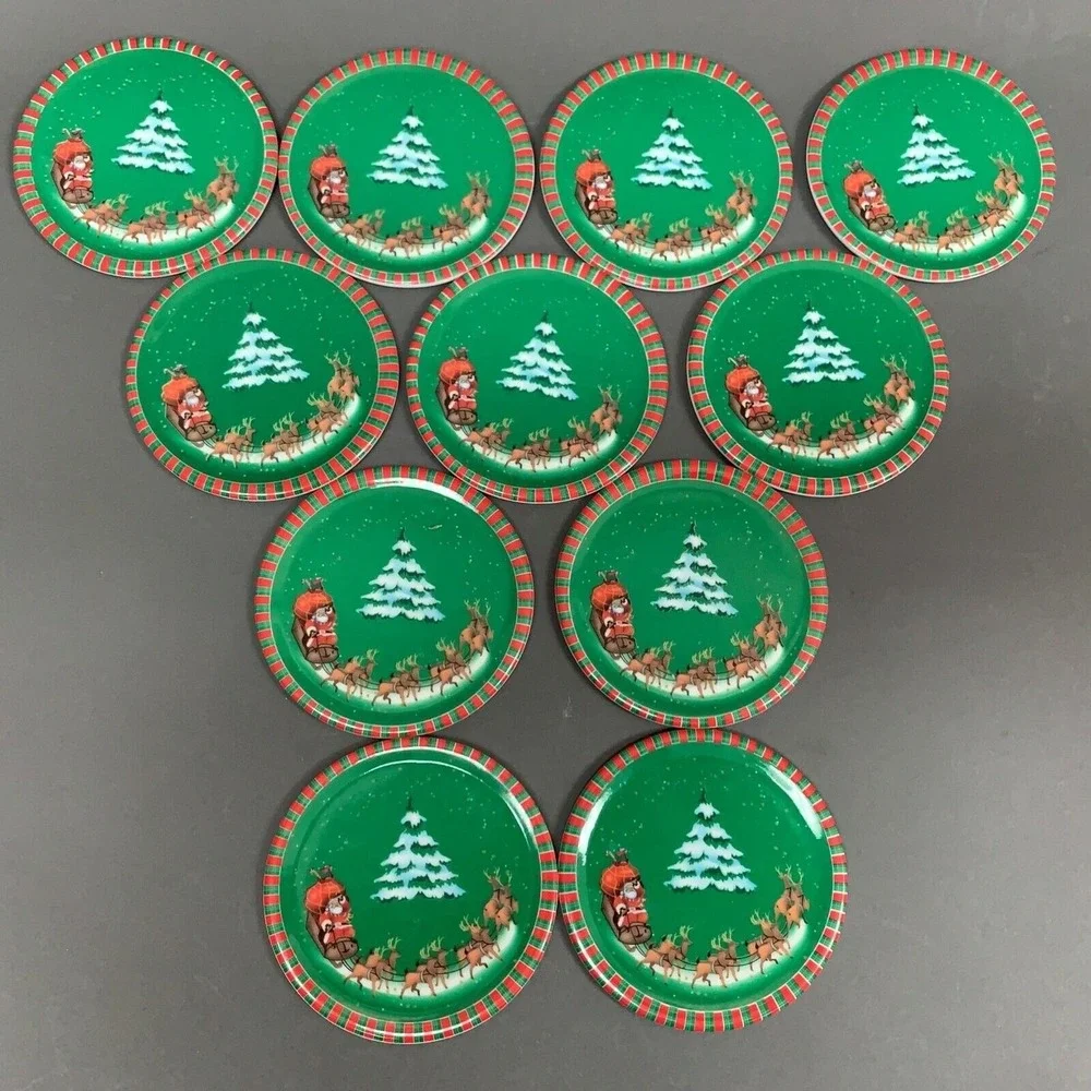 Round Coasters Christmas Santa Sleigh Tree Green Red Multi-Color Lot of 11